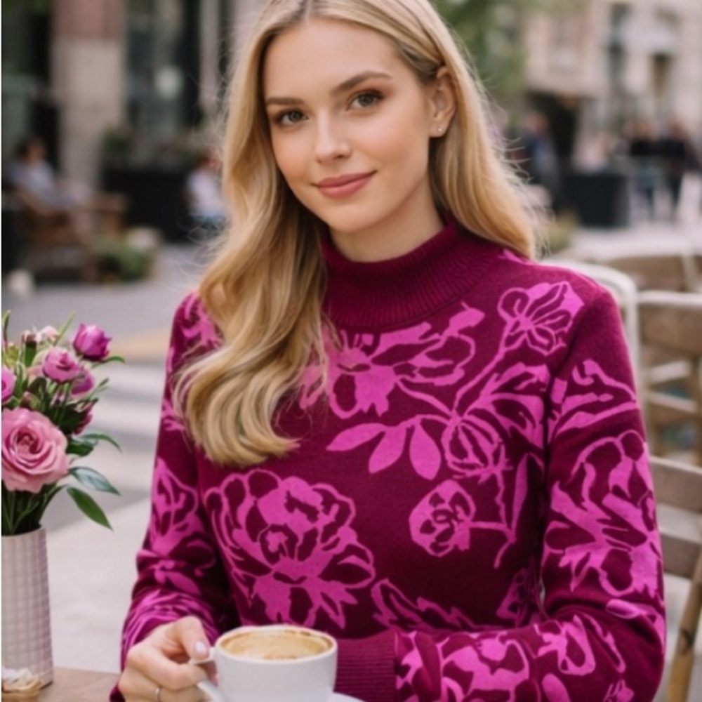 Nordstrom Cyrus Sweater XS Maroon Pink Floral Soft Comfy NWOT